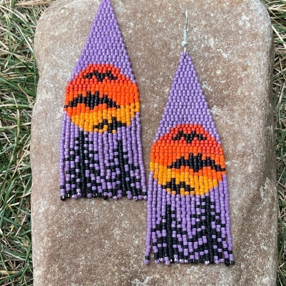 Bats in the Moon Beaded Earrings with Fringe, New, Handmade by Me - Picture 4 of 8